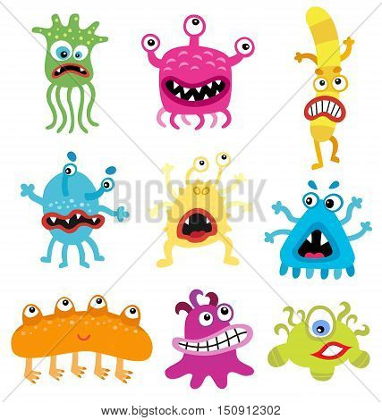 Cartoon cute and funny monsters and bacterias. Vector microbes isolated on white.