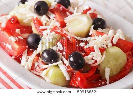 Bulgarian Shopska Salad Vegetables With Cheese Macro. Horizontal