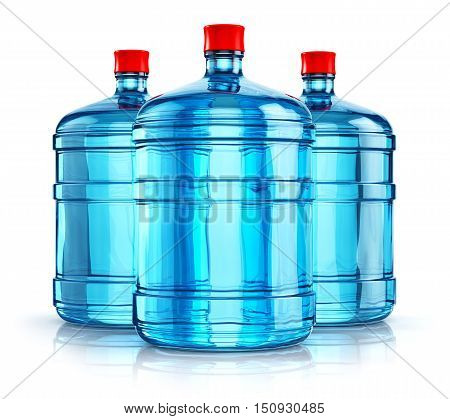 3D render illustration of the group of three blue 19 liter or 5 gallon plastic water bottles or containers isolated on white background with reflection effect