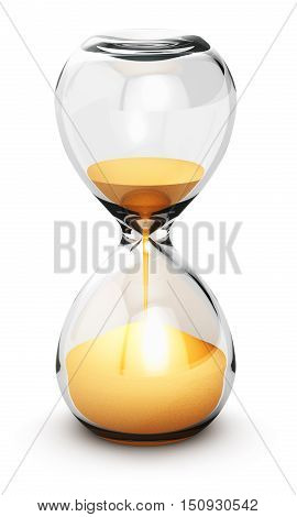 3D render illustration of hourglass or sandglass with yellow sand isolated on white background with reflection effect
