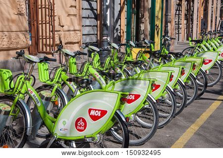 Green Bicycles At A Docking Station For Hire In Budapest