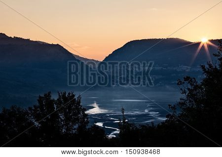 Lake Barrea at dawn photographed from Civitella Alfedena, Italy