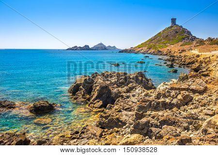 Genoese Tower Of Parata Peninsula, Corsica, France.