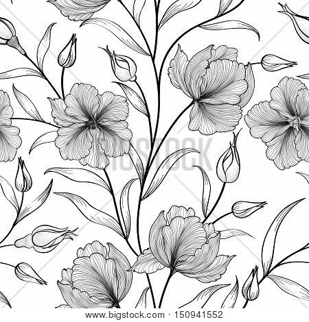 Floral seamless pattern. Flower engraving background. Floral tile etching ornamental texture with flowers. Spring flourish garden sketch