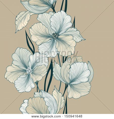 Greeting card with flowers. Floral seamless border. Floral bouquet stylish summer background. Flourish border. Floral background.