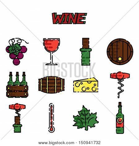 Set of colored flat design vector icons related to wine red wine glass, grapes, white white glass, barrel, wine bottle, mulled wine glass, corkscrew, cheese, thermometer. Isolated on white