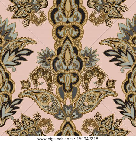 Flourish tiled pattern. Floral retro background. Curved tree branch with fantastic flowers leaves and berries. Wonderland motives of the paintings of ancient Indian fabric patterns.