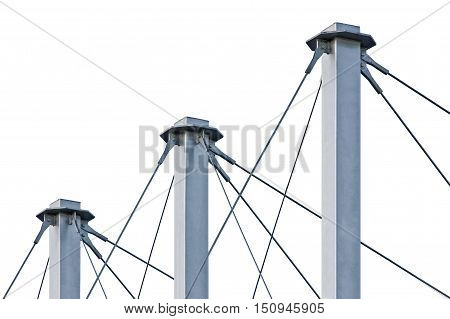 Tied Suspension Roof Cables Three Tall Grey Isolated Masts Cable-suspended Swooping Rooftop Pylon Anchors Pale Blue Summer Sky Large Detailed Horizontal Closeup Contemporary Construction Concept