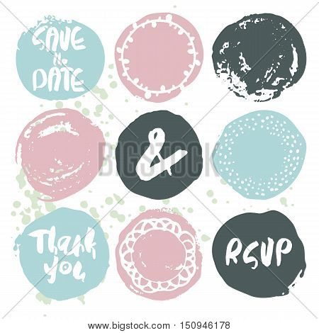 Set of 9 decorative wedding and romantic elements. Watercolour hand drawn circles with lettering decorative wreaths. Trendy patel colors. Grey, pink and blue shapes with rough edges isolated on white