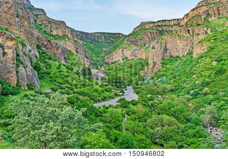 The Geghard Monastery located in green lush Azat River Gorge Kotayk Province Armenia.