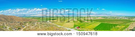 Panorama of the Ararat Plain from the hill of Khor Virap Monastery with the old cemetery at its foot Pokr Vedi Armenia.