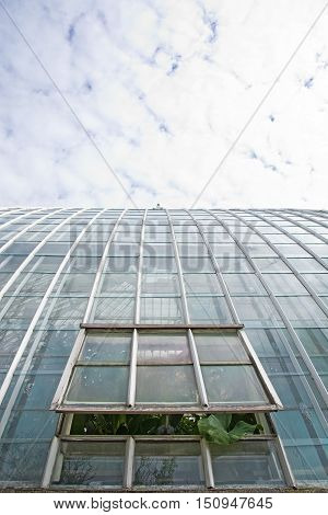 STOCKHOLM SWEDEN - MAY 13 2014: Bergianska garden and Victoria building glass greenhouse cupola and open window with plant sticking out on a cloudy day on May 13 2014 in Stockholm Sweden.