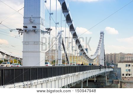 MOSCOW - SEPTEMBER 14 2015: Fragment view of Krymsky (Crimean) Bridge. It spans the Moskva River and carries the Garden Ring across the river.