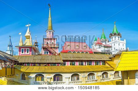The palaces and mansions of Izmailovsky Market located next to the Kremlin of izmailovo imitates the old Russian architecture and serves as the stores hotels restaurants and craft centers Moscow Russia.