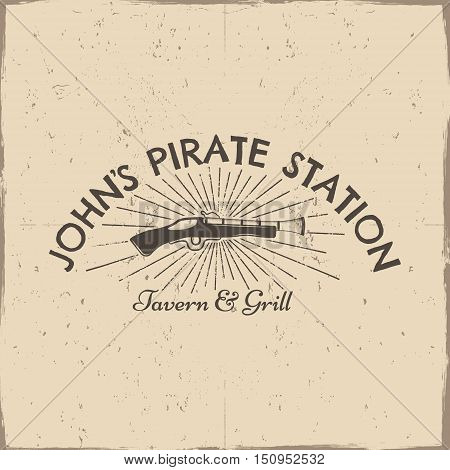 Vintage pistol label, pirate poster. Old ammunition with grunge effects and sun bursts. Retro hand made style isolated on a scratched paper background. For tee design, t-shirt, web projects.