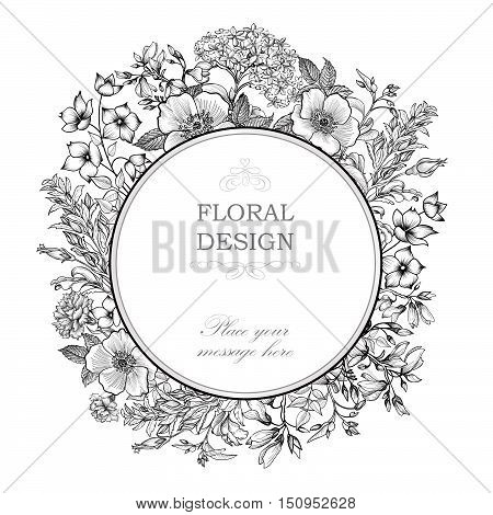 Floral frame with summer flowers. Floral bouquet with rose narcissus carnation lilac and wildflower. Vintage Greeting Card with flowers. Flourish border. Floral background.