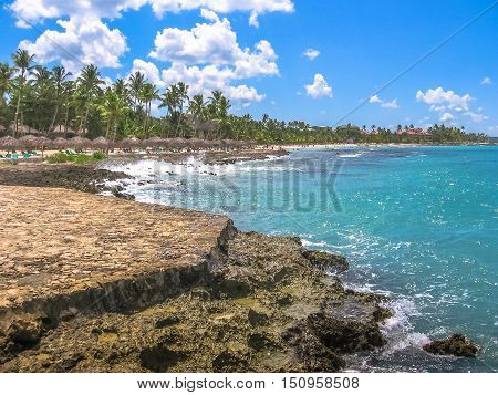 South coastal landscape of Dominican Republic in Bayahibe beach near La Romana. Bayahibe is famous for its all-inclusive resort. Summer vacation concept.