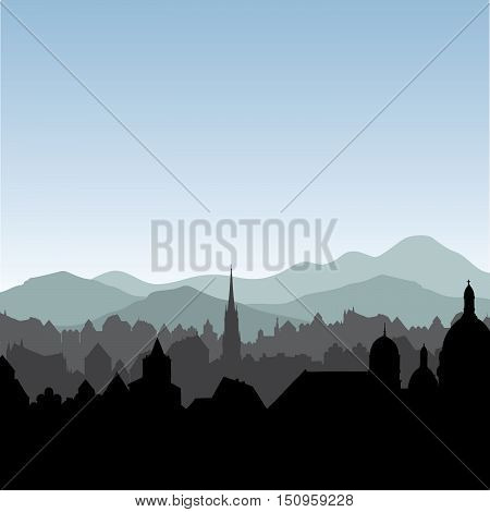 City skyline. Buildings silhouette cityscape. Old city street in early morning. European Alps mountains urban landscape.