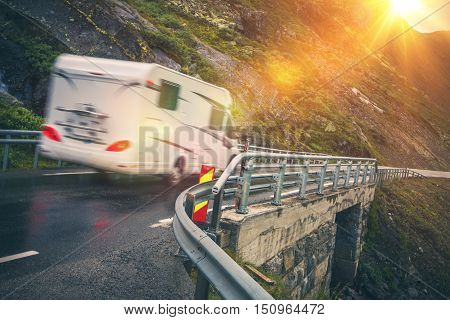 Scenic Road Motorhome Trip. Motorcoach RV Camper on the Scenic Mountain Road.