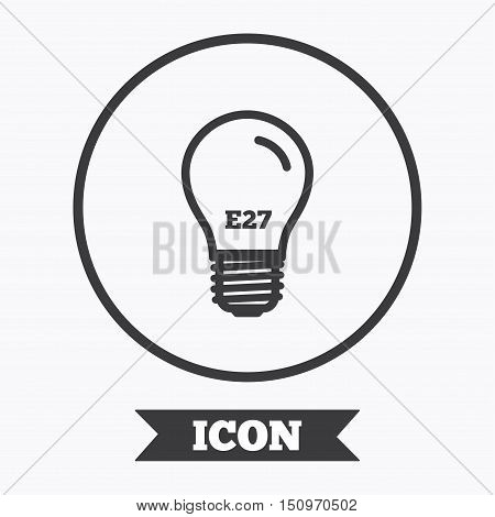 Light bulb icon. Lamp E27 screw socket symbol. Led light sign. Graphic design element. Flat symbol in circle button. Vector