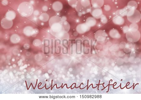 German Text Weihnachtsfeier Means Christmas Party. Sparkling Red Bokeh Christmas Background Or Texture With Snow And Stars. Copy Space For Your Text Here