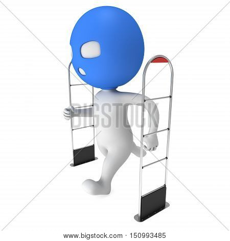 3D shoplifter scanner and running thief man in mask isolated on white background. Scanner entrance gate for prevent theft in shop or store. Security concept.