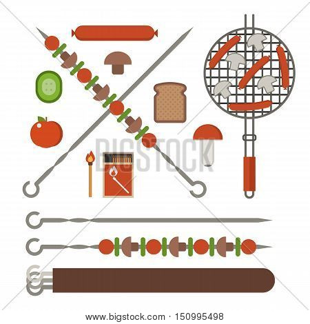 Vegetarian picnic and barbeque appliances. Barbecue skewer, bbq grill grates with sasuges, fire sticks, champignon mushrooms, grilled bread and vegetables.