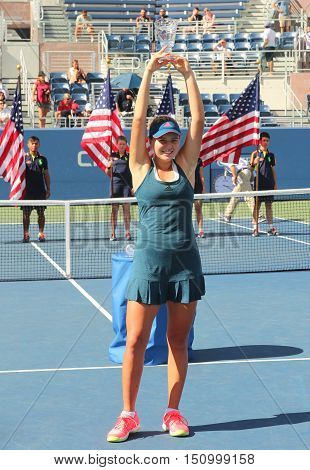 NEW YORK - SEPTEMBER 11, 2016: US Open 2016 girls junior champion Kayla Day of United States during trophy presentation at the Billie Jean King National Tennis Center in New York