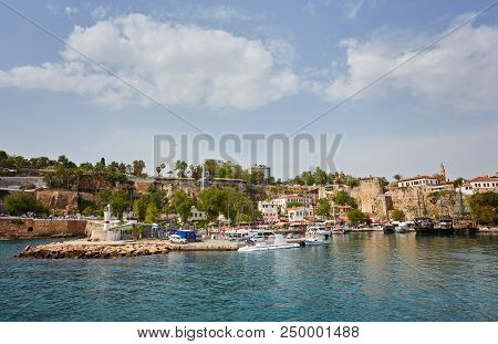 Aerial View Of Yacht Harbor And Red House Roofs In Old Town Timelapse Antalya, Turkey. Marine Bay At