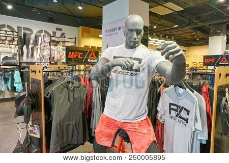 SAINT PETERSBURG, RUSSIA - CIRCA MAY, 2018: interior shot of Reebok store in Galeria shopping center.
