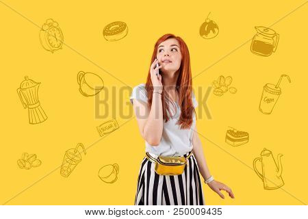 Interesting Conversation. Young Beautiful Student Feeling Hungry And Thinking About Delicious Food W
