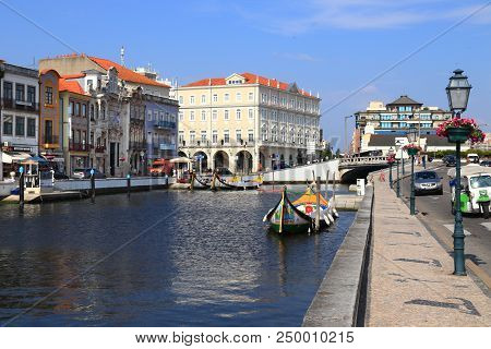 Aveiro, Portugal - May 23, 2018: Aveiro Canal Gondola-style Boats In Portugal. Aveiro Is Known As Th