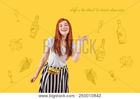 Wine Time. Cheerful Emotional Young Person Feeling Relaxed And Smiling While Thinking About Deliciou