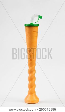 Orange Juice Smoothie In Plastic Glass Isolated On White Background. Fresh Multifruit Cocktail, Clos
