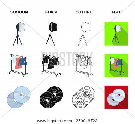 Movies, Discs And Other Equipment For The Cinema. Making Movies Set Collection Icons In Cartoon, Bla
