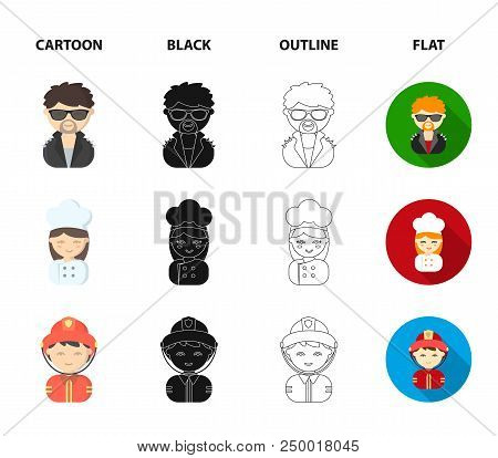 Mechanic, Entertainer, Cook, Fireman.profession Set Collection Icons In Cartoon, Black, Outline, Fla
