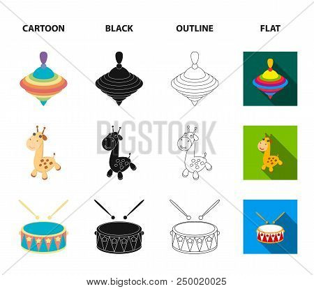 Ship, Yule, Giraffe, Drum.toys Set Collection Icons In Cartoon, Black, Outline, Flat Style Vector Sy