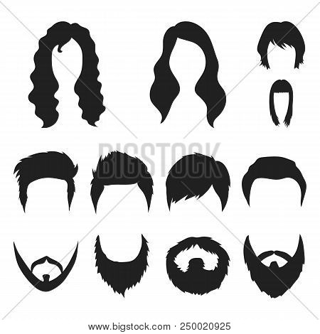 Mustache And Beard, Hairstyles Black Icons In Set Collection For Design. Stylish Haircut Vector Symb
