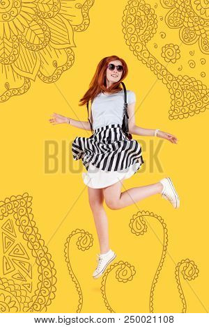 Jumping Woman. Active Young Sportswoman Keeping Fit And Feeling Good While Walking In A Beautiful Pa