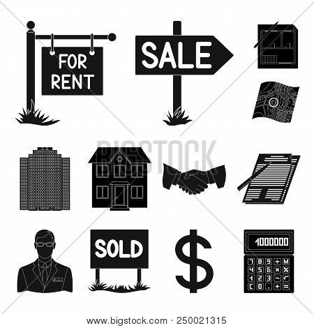 Realtor, Agency Black Icons In Set Collection For Design. Buying And Selling Real Estate Vector Symb