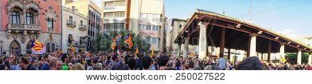 Cardedeu, Catalonia, Spain, October 3, 2017: Paceful People Cutting Off The Highway Ap-7 In Protest 