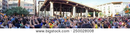 Cardedeu, Catalonia, Spain, October 3, 2017: Paceful People Cutting Off The Highway Ap-7 In Protest 