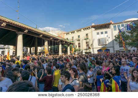 Cardedeu, Catalonia, Spain, October 3, 2017: Paceful People Cutting Off The Highway Ap-7 In Protest 