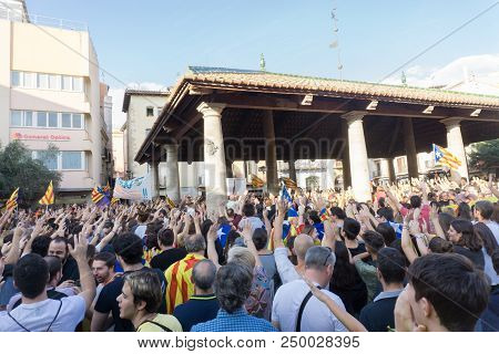 Cardedeu, Catalonia, Spain, October 3, 2017: Paceful People Cutting Off The Highway Ap-7 In Protest 