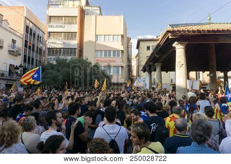 Cardedeu, Catalonia, Spain, October 3, 2017: Paceful People Cutting Off The Highway Ap-7 In Protest 