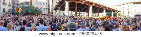 Cardedeu, Catalonia, Spain, October 3, 2017: Paceful People Cutting Off The Highway Ap-7 In Protest 