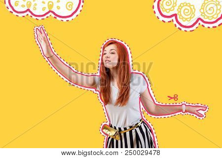 Attractive Model. Emotional Professional Model Looking Into The Distance And Putting Her Hand Up Whi