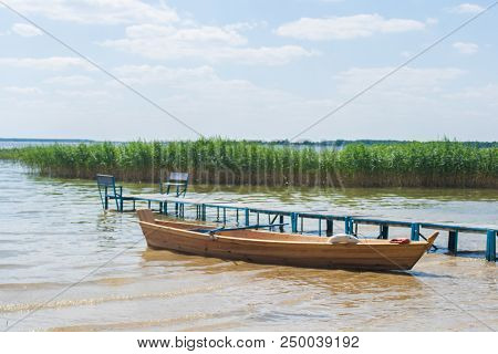 Nature Background. Lake And Forest. Sunny Day. Boat