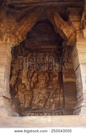 Cave 3 : Carved Figure Of Vishnu As Varaha, Boar, On Left Wall Of The Hall. Badami Caves, Karnataka,