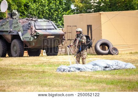 Feldkirchen / Germany - June 9, 2018: Paratrooper From Bundeswehr, German Army Lands On An Open Day 